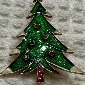 Vintage Christmas tree Brooch Size 2" X 1.5" Green Enamel With Colored Rhineston